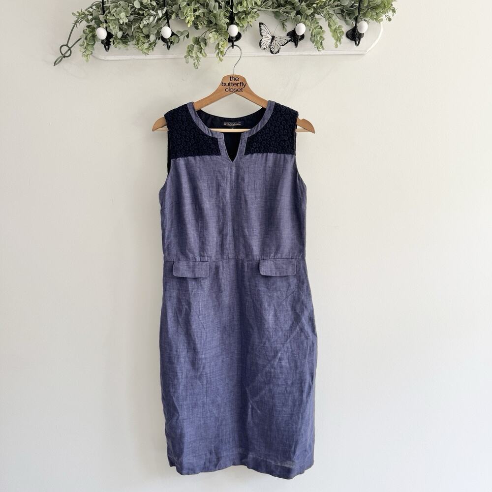 Brooks Brothers Blue 100% Linen Embroidered Yoke Shift Style Dress Size 6 CP